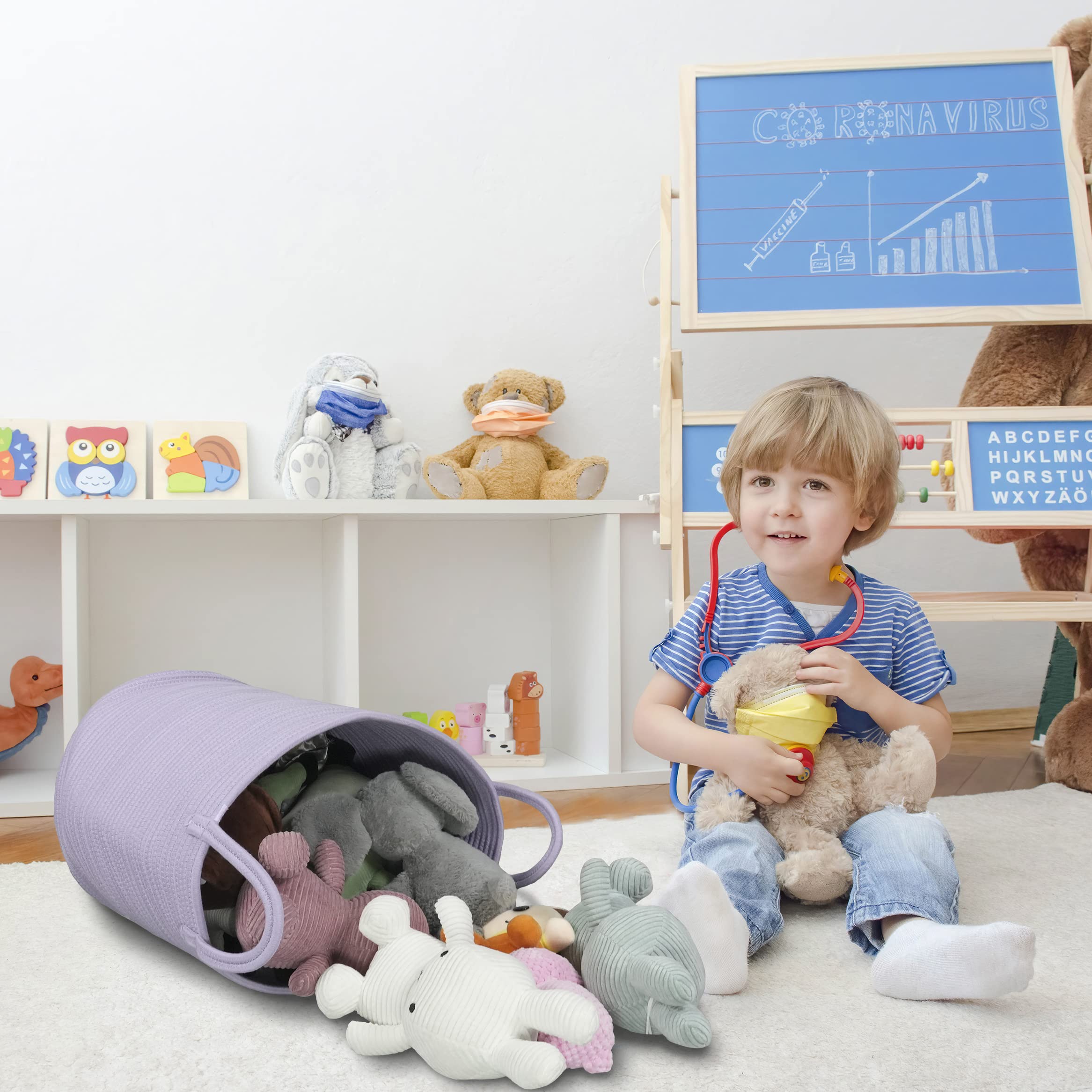 XUANGUO lavender rope basket adds cozy nursery or bedroom touch.