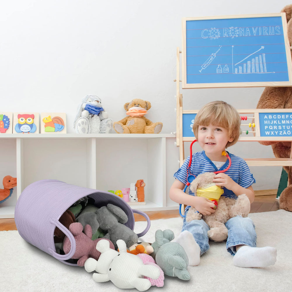 XUANGUO lavender rope basket adds cozy nursery or bedroom touch.