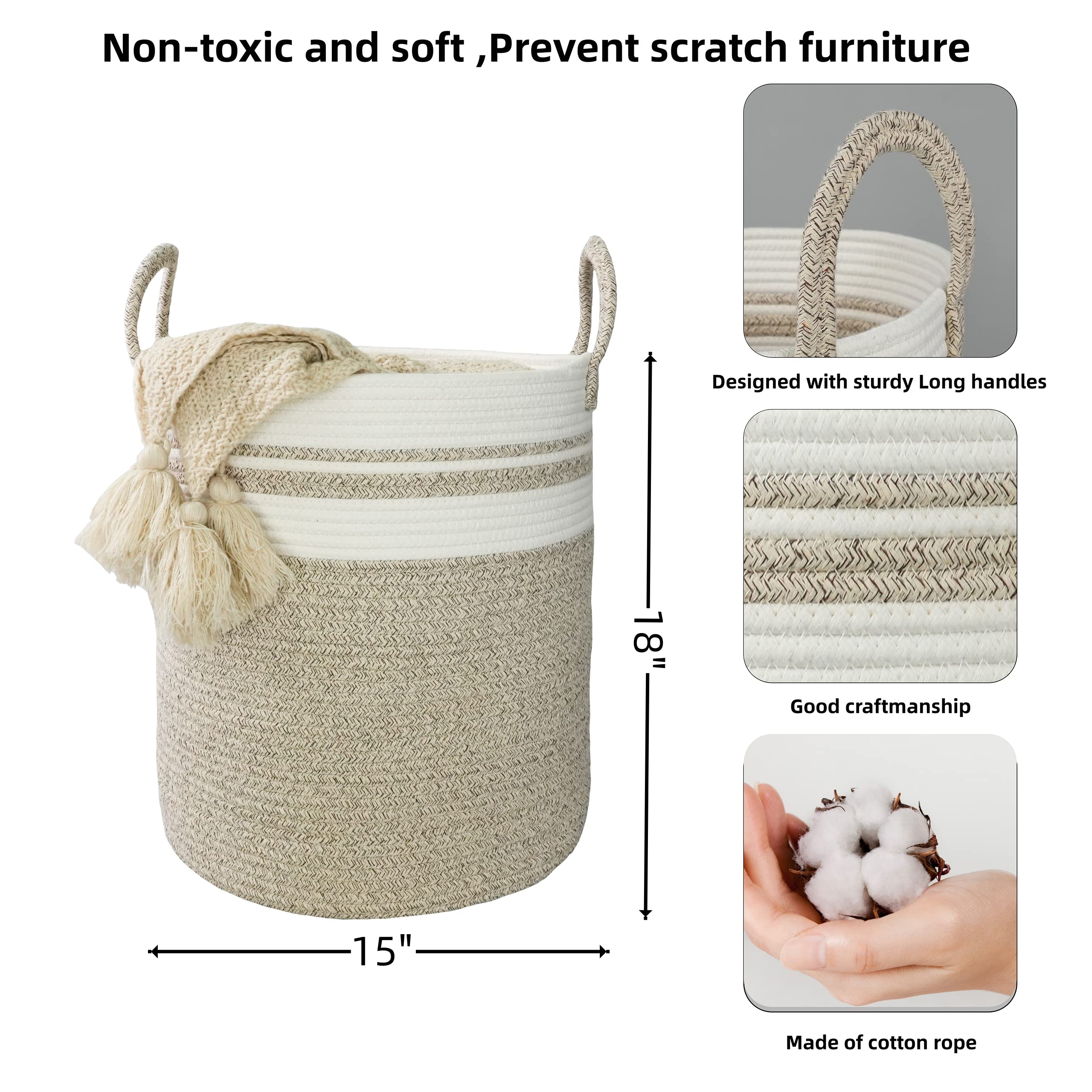XUANGUO rope storage basket adds bedroom decor while organizing blankets and toys.