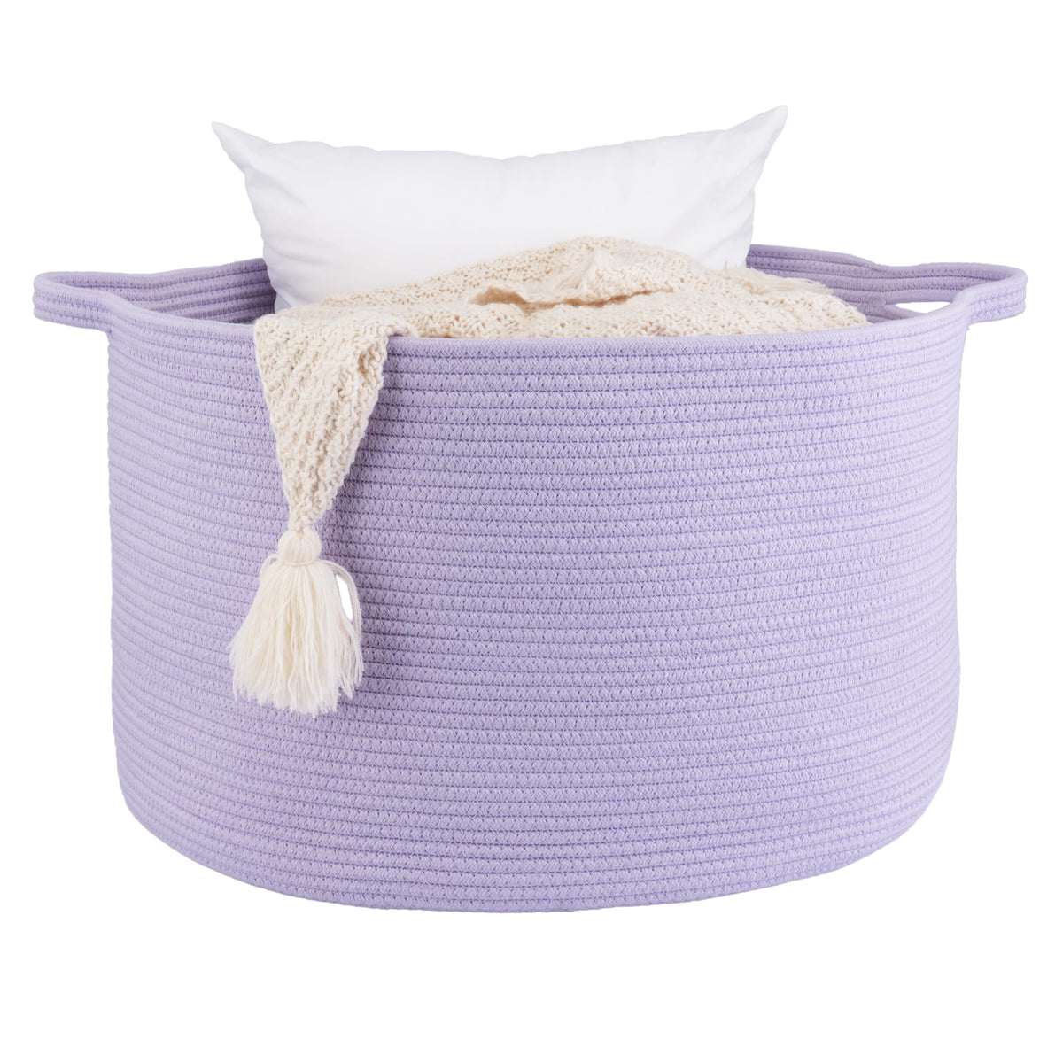 XUANGUO round cotton rope basket for blankets keeps living room organized and accessible.