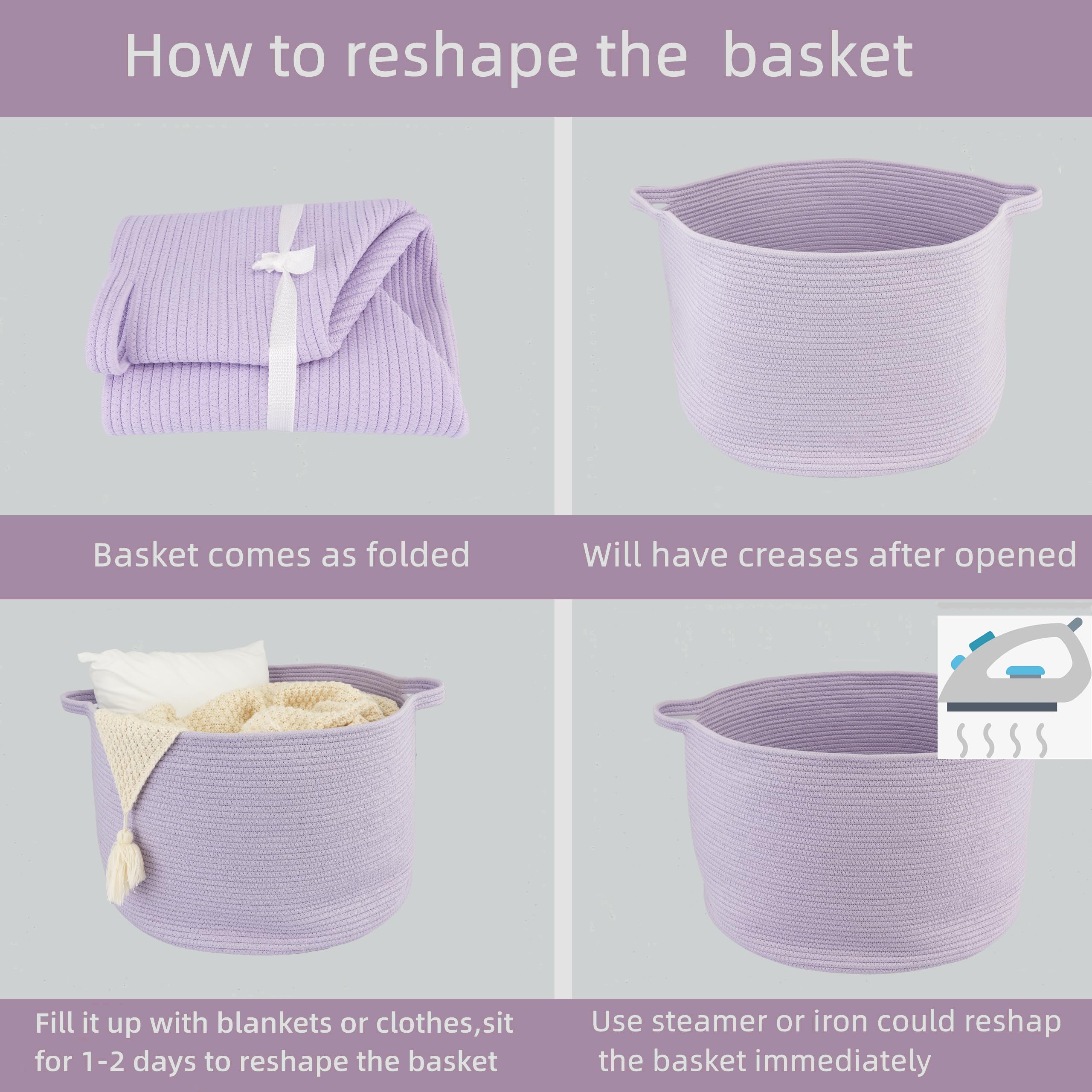 XUANGUO lavender basket adds color while organizing blankets or toys.