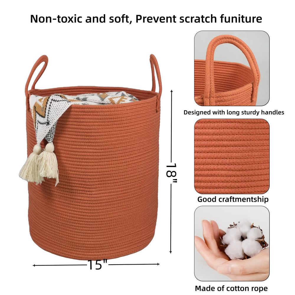 XUANGUO rust-red cotton rope toy bin showcasing spacious interior for kids' games.