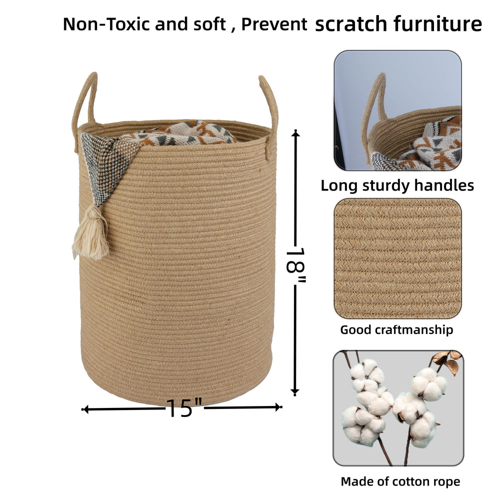 XUANGUO tall rope basket with handles for easy transport around the home.