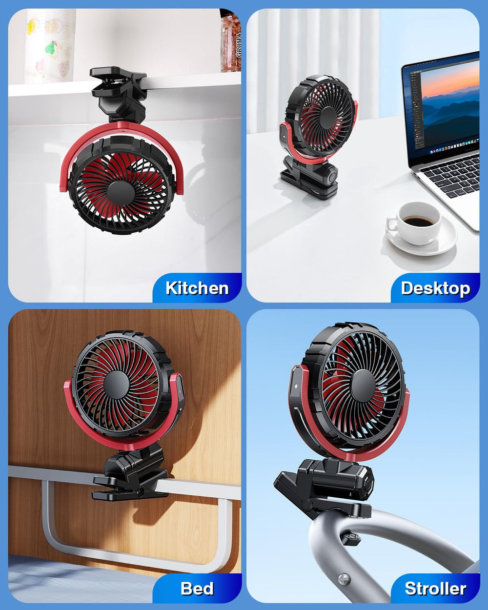 xuenair versatile clip-on fan used at desk, bed, stroller, or crib