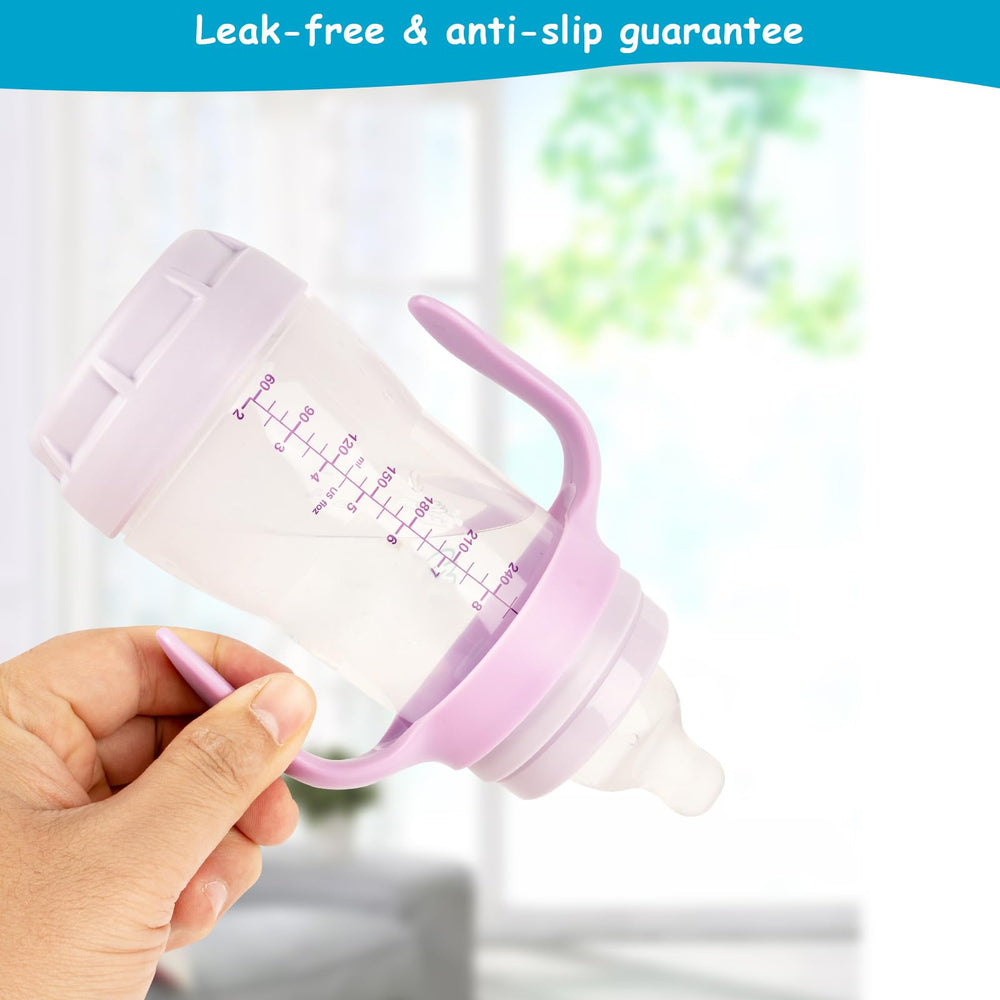 XUNICUTE baby bottle handles purple installation steps illustration aids quick setup.