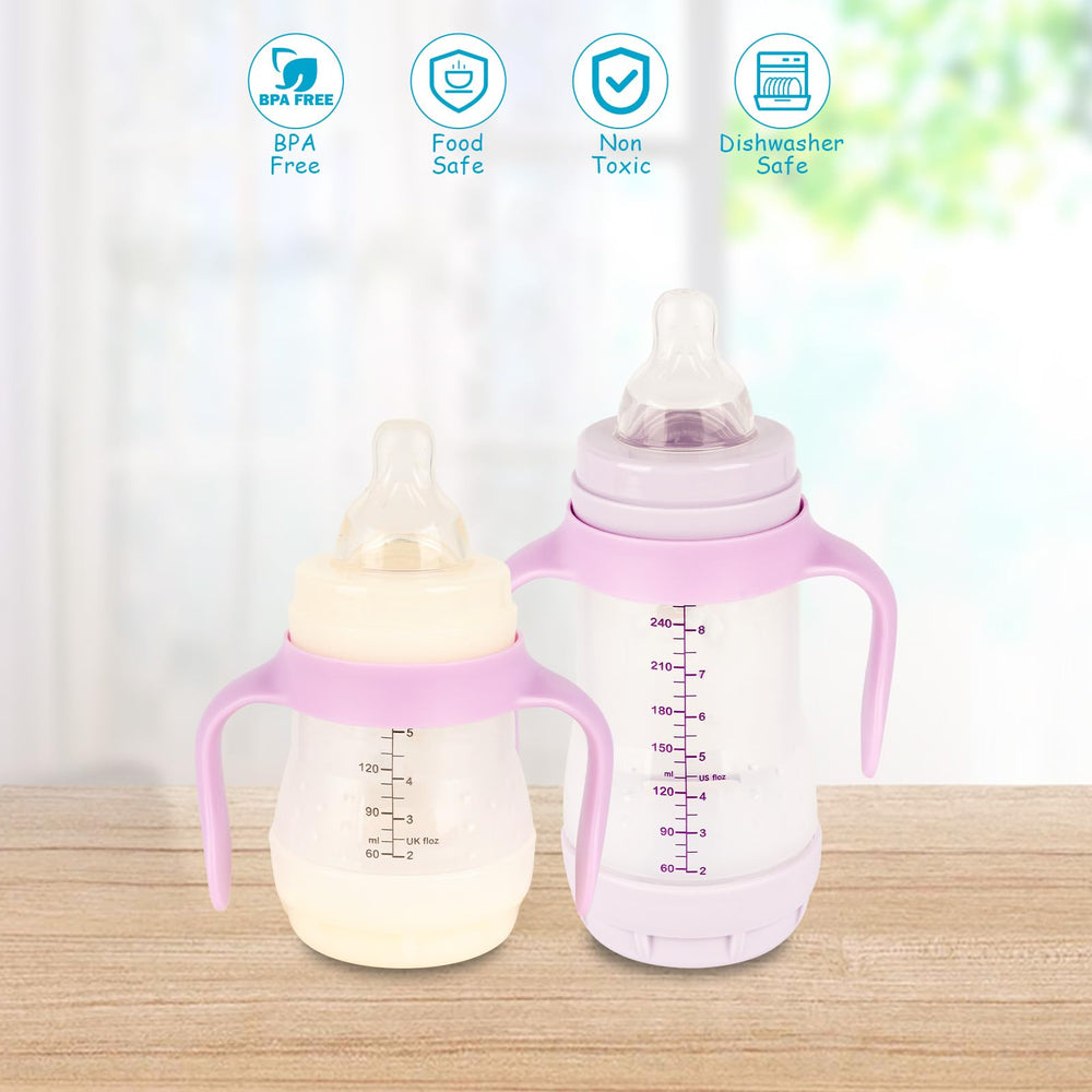 XUNICUTE baby bottle handles purple pack side view demonstrates secure, spill-resistant design.