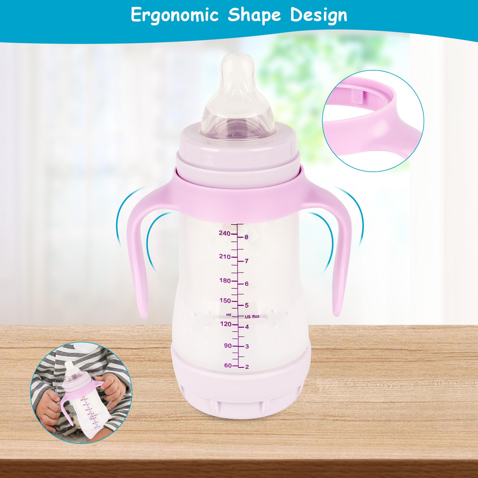 XUNICUTE baby bottle handles purple leak-proof design prevents spills during feeding.
