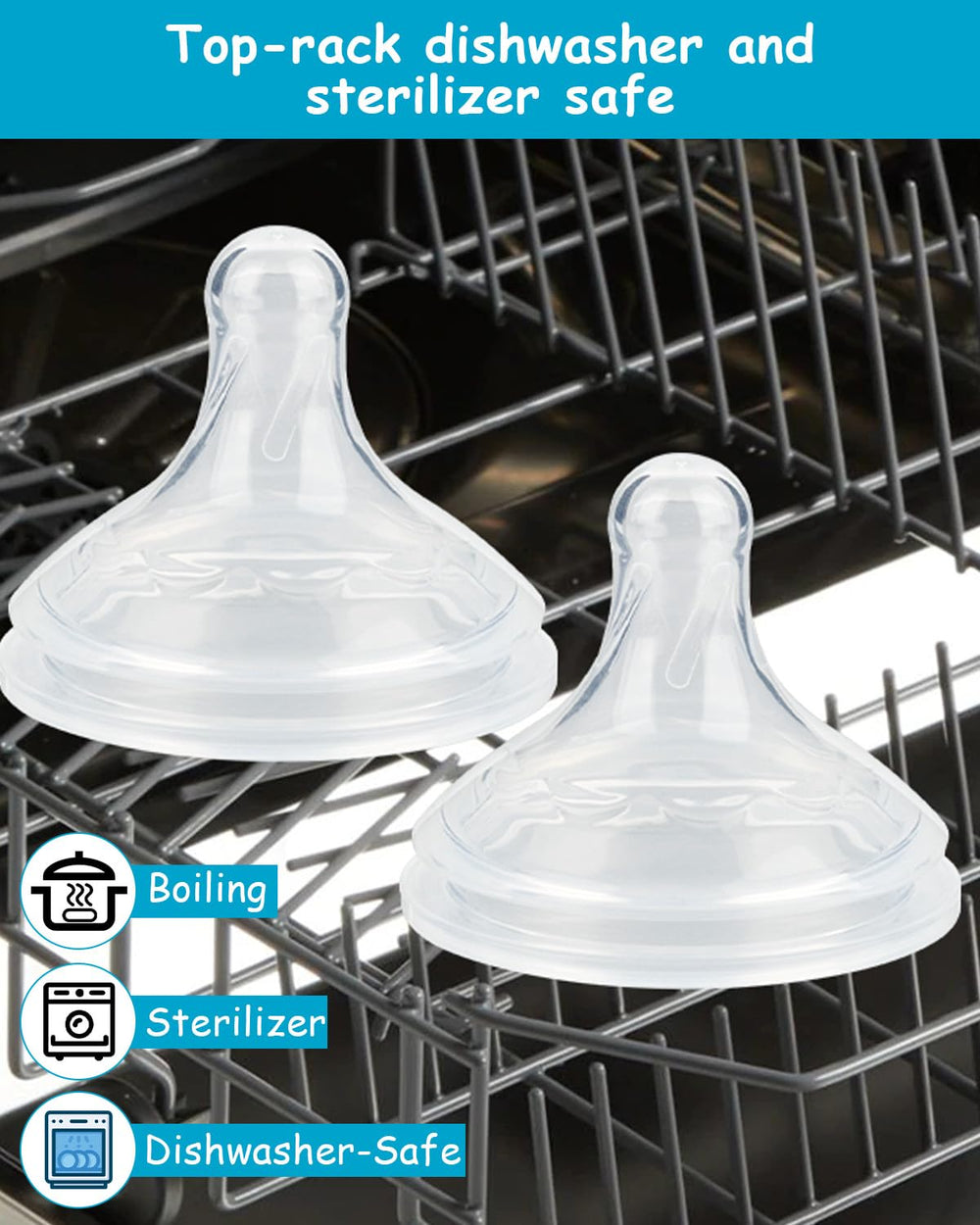 XUNICUTE nipple is dishwasher and sterilizer safe for easy cleaning.