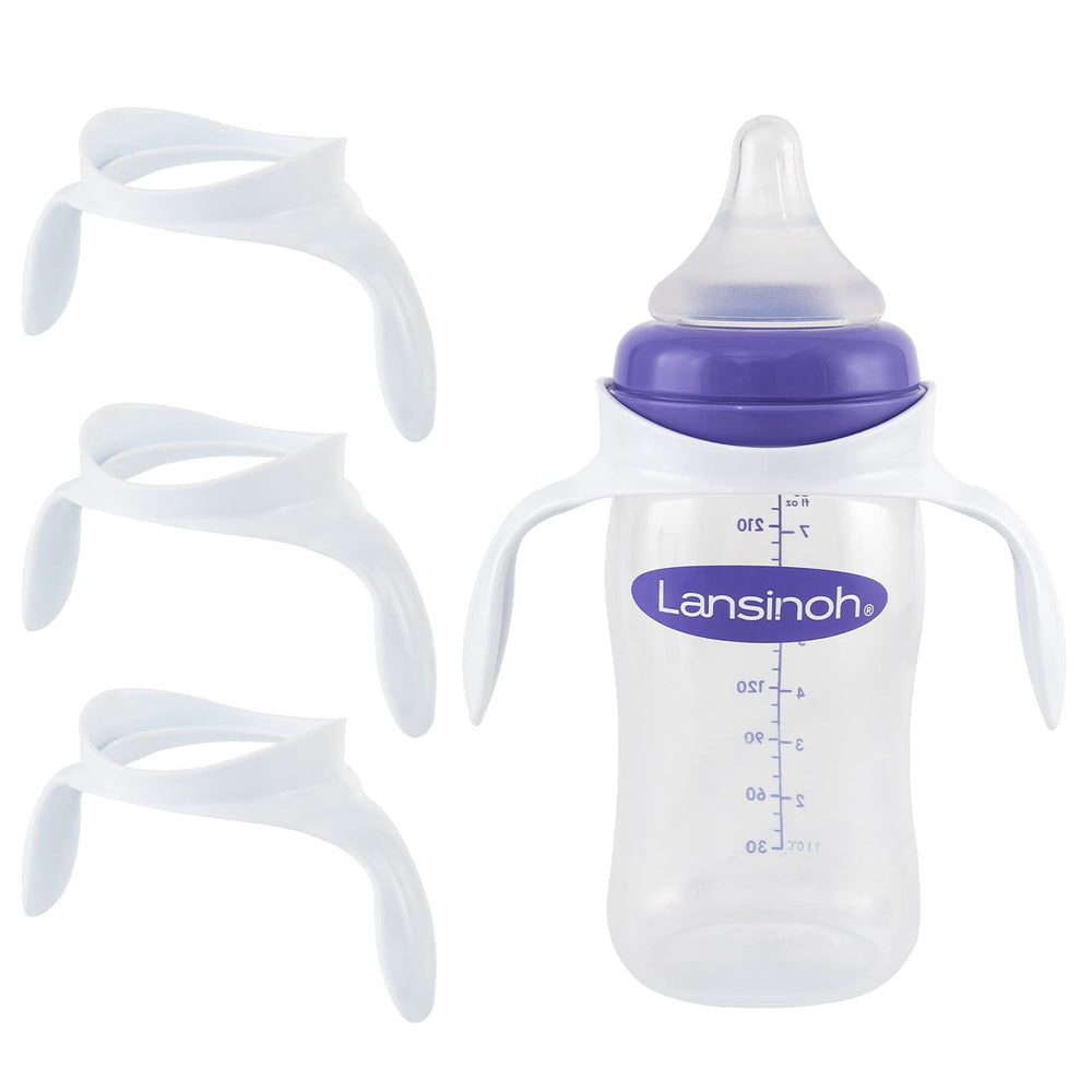 XUNICUTE Lansinoh bottle handles attached to a bottle, secure, comfortable grip.