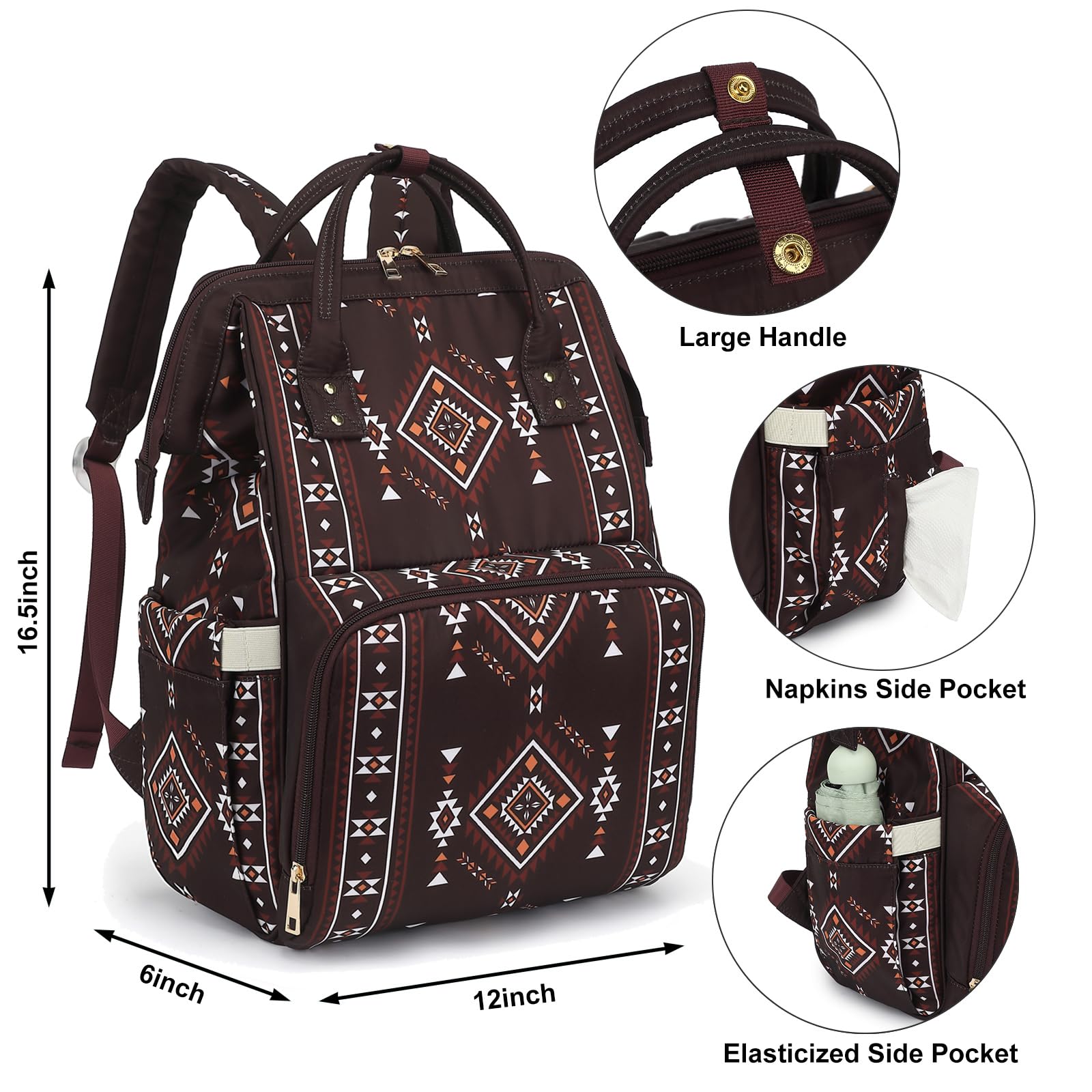 Xunteny Boho Diaper Bag dimensions 12x5.9x16.5 inches spacious