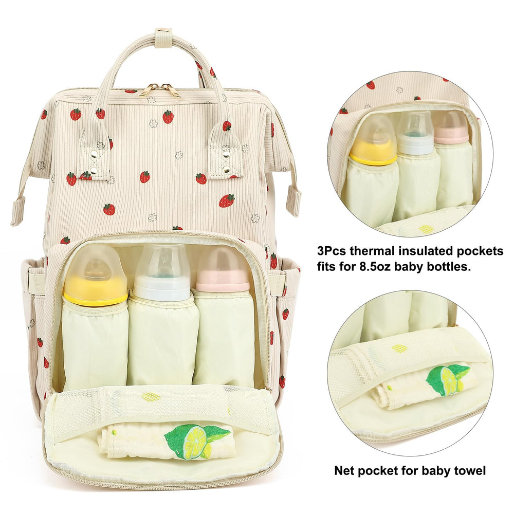 Xunteny corduroy diaper bag backpack front insulated bottle pockets help keep temperatures stable.
