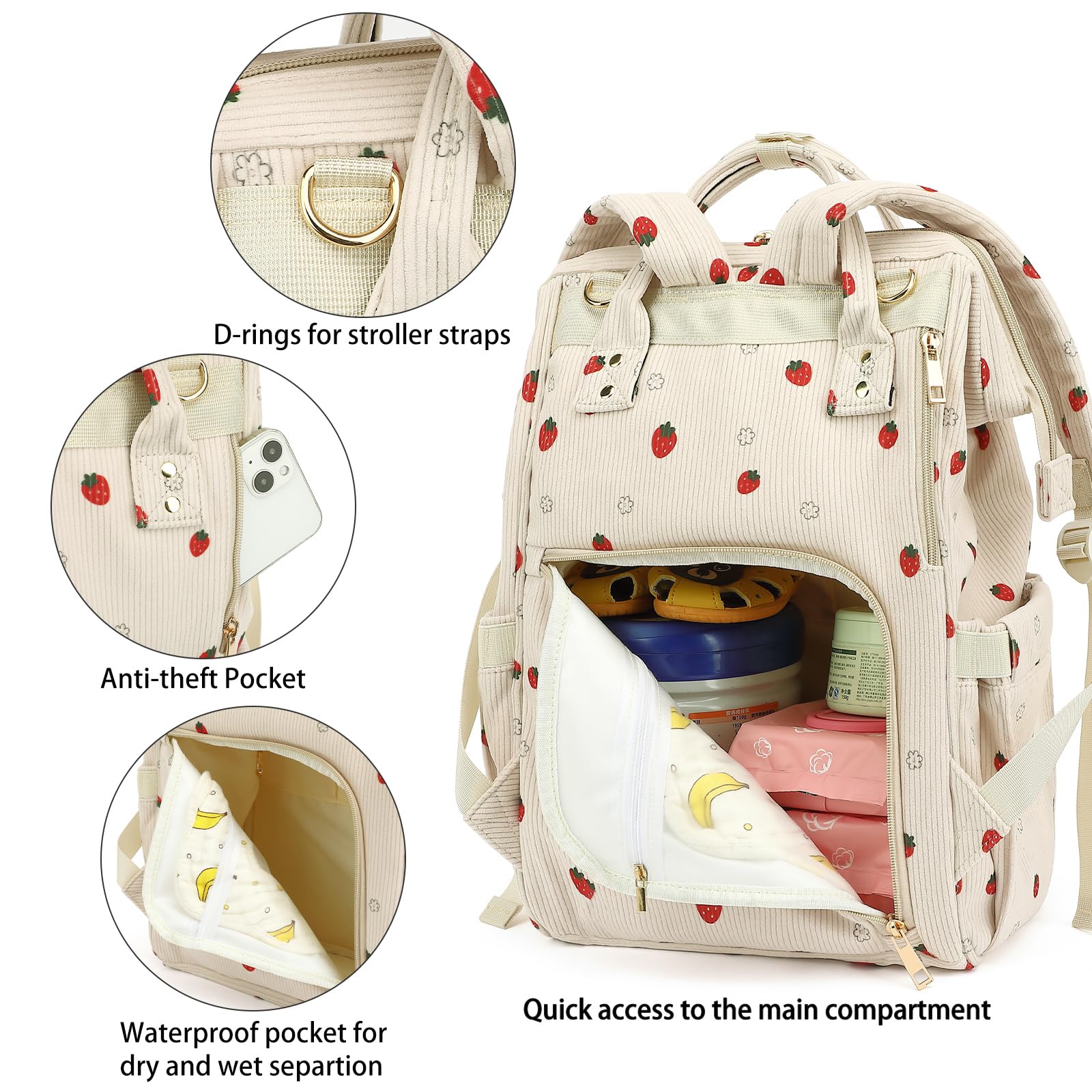 Xunteny corduroy diaper bag backpack stroller straps enable hands-free strolling.