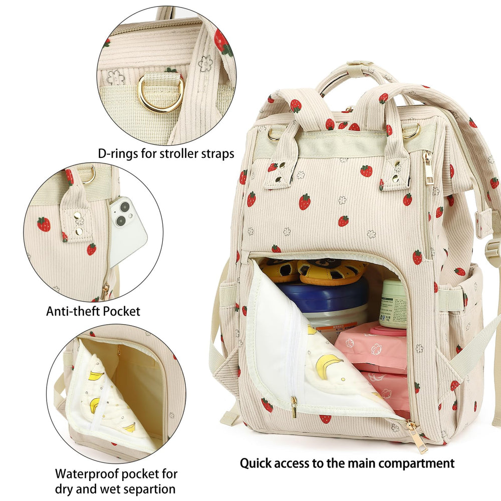 Xunteny corduroy diaper bag backpack stroller straps enable hands-free strolling.