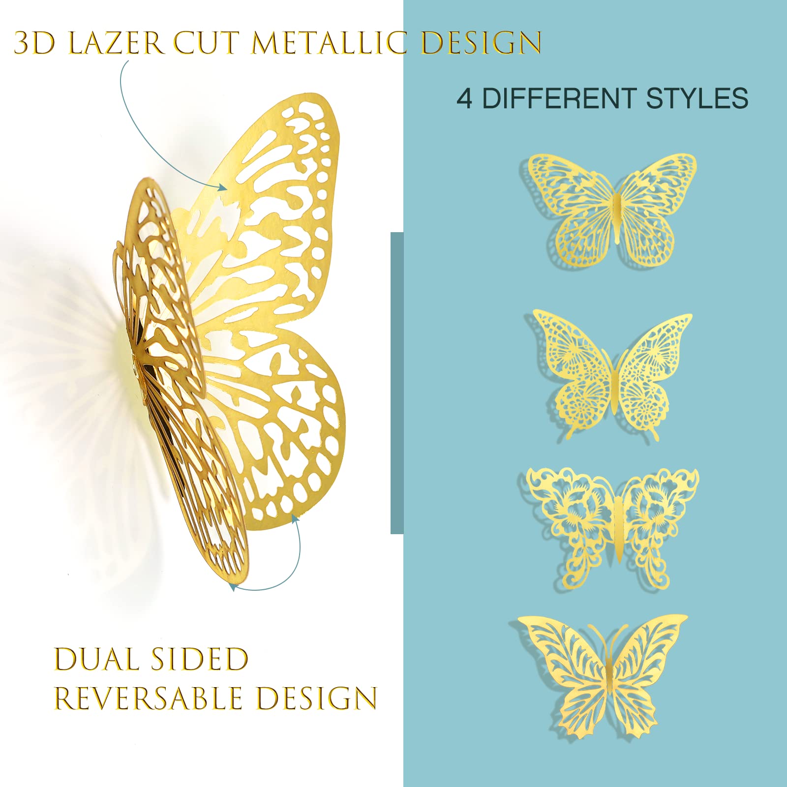 XUNXMAS 3D gold butterfly wall decor shows four designs for versatile styling