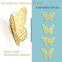 XUNXMAS 3D gold butterfly wall decor shows four designs for versatile styling