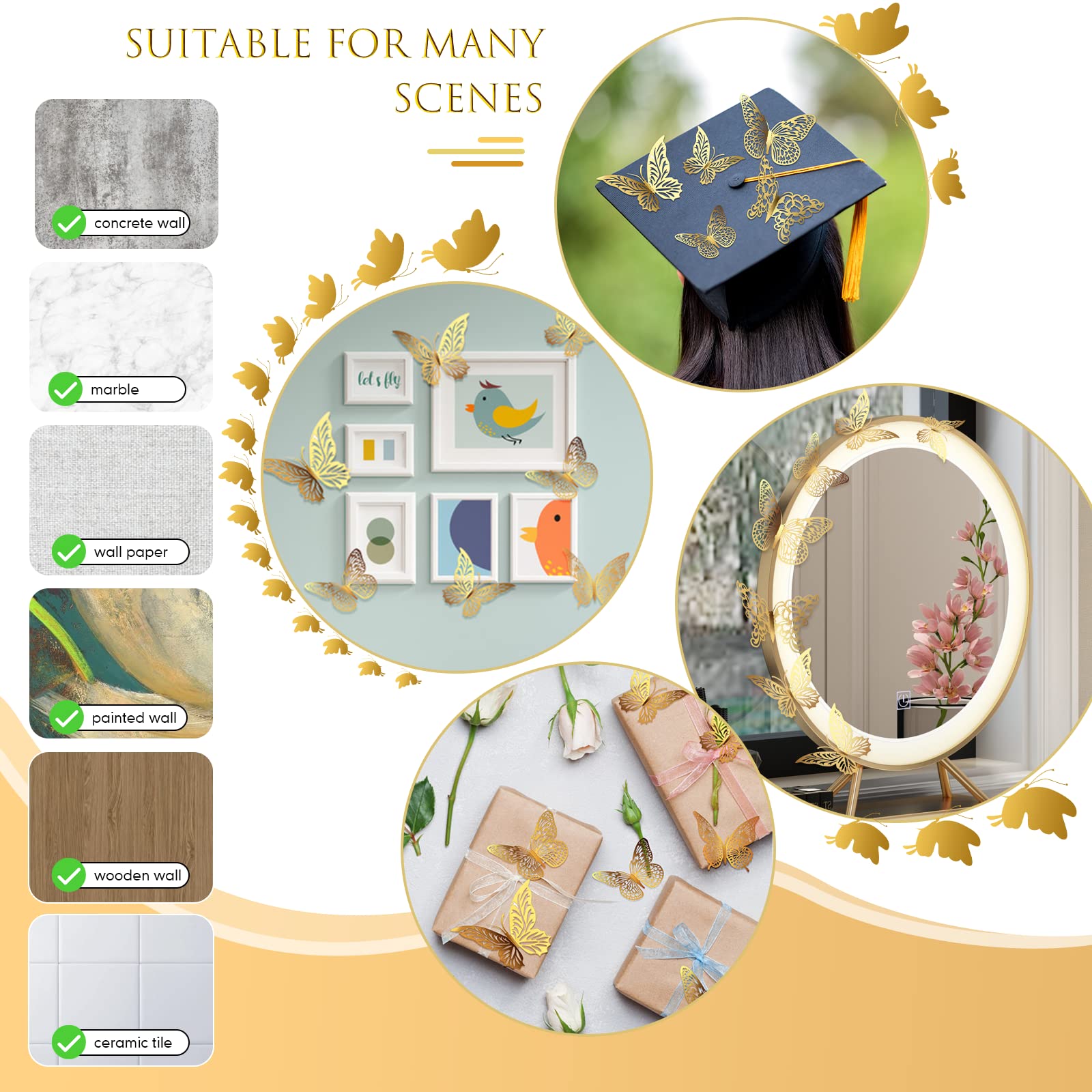 XUNXMAS 3D gold butterfly wall decor on-wall mural for party decor