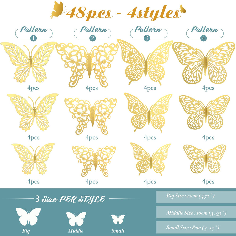 XUNXMAS 3D gold butterfly wall decor packaging emphasizes easy removable adhesive