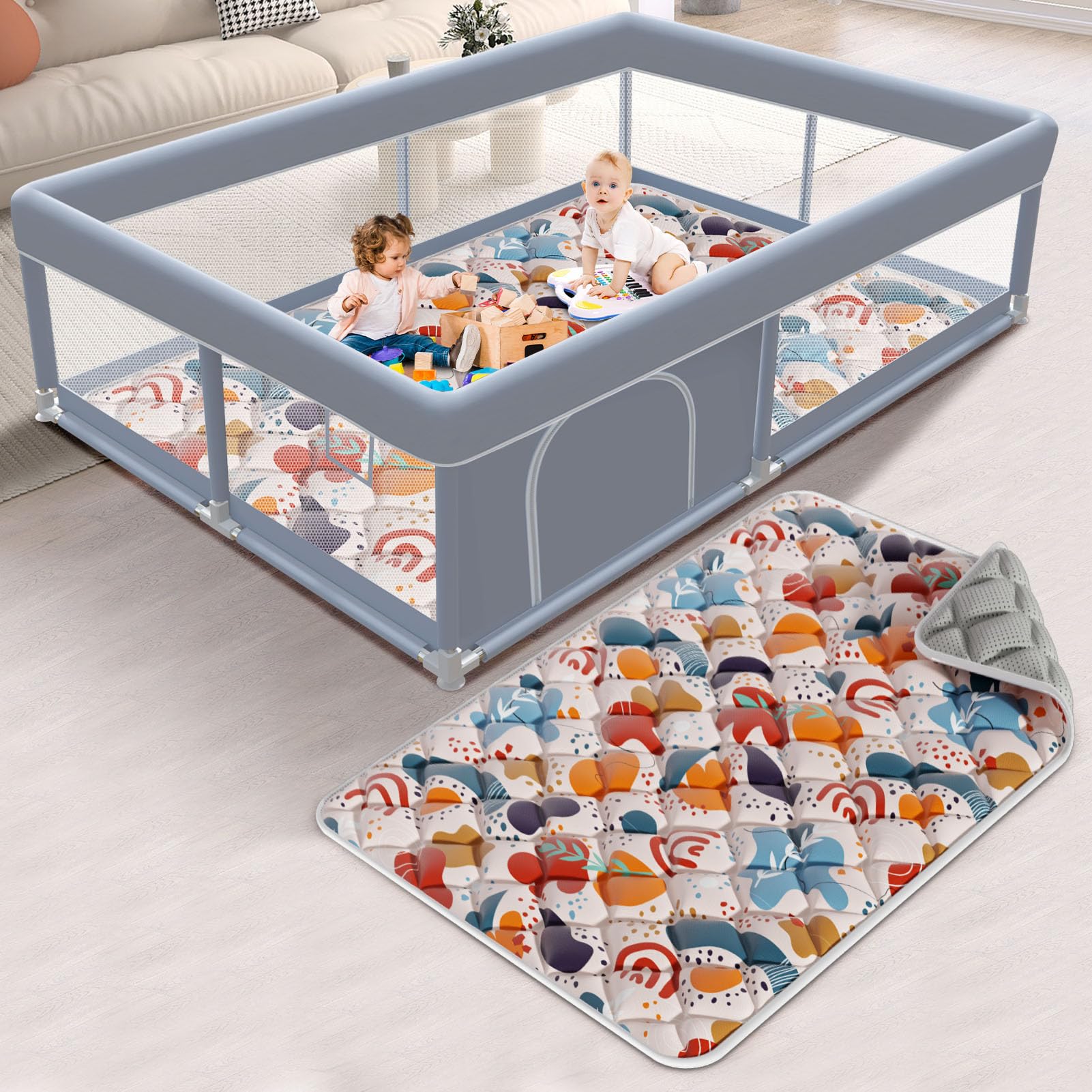 XVISHX 65x50 inch baby playpen with mat offers spacious play area for multiple toddlers.