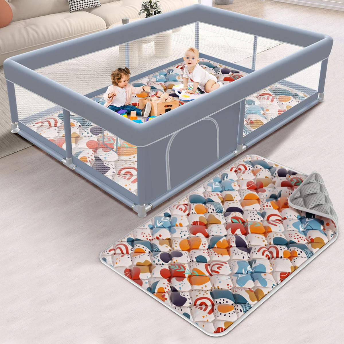 XVISHX 65x50 inch baby playpen with mat offers spacious play area for multiple toddlers.