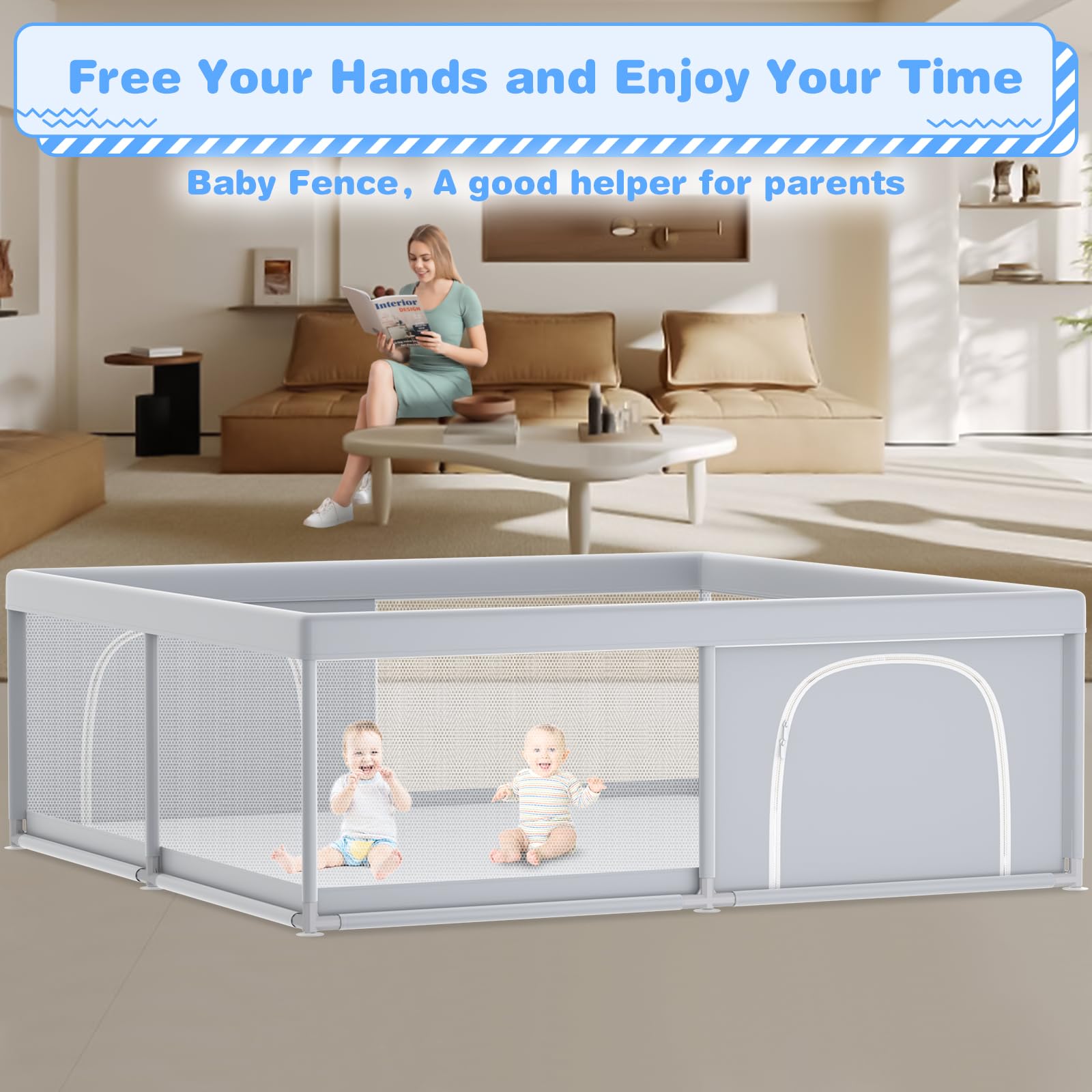 XVISHX baby playpen side view highlights breathable mesh and safe enclosure