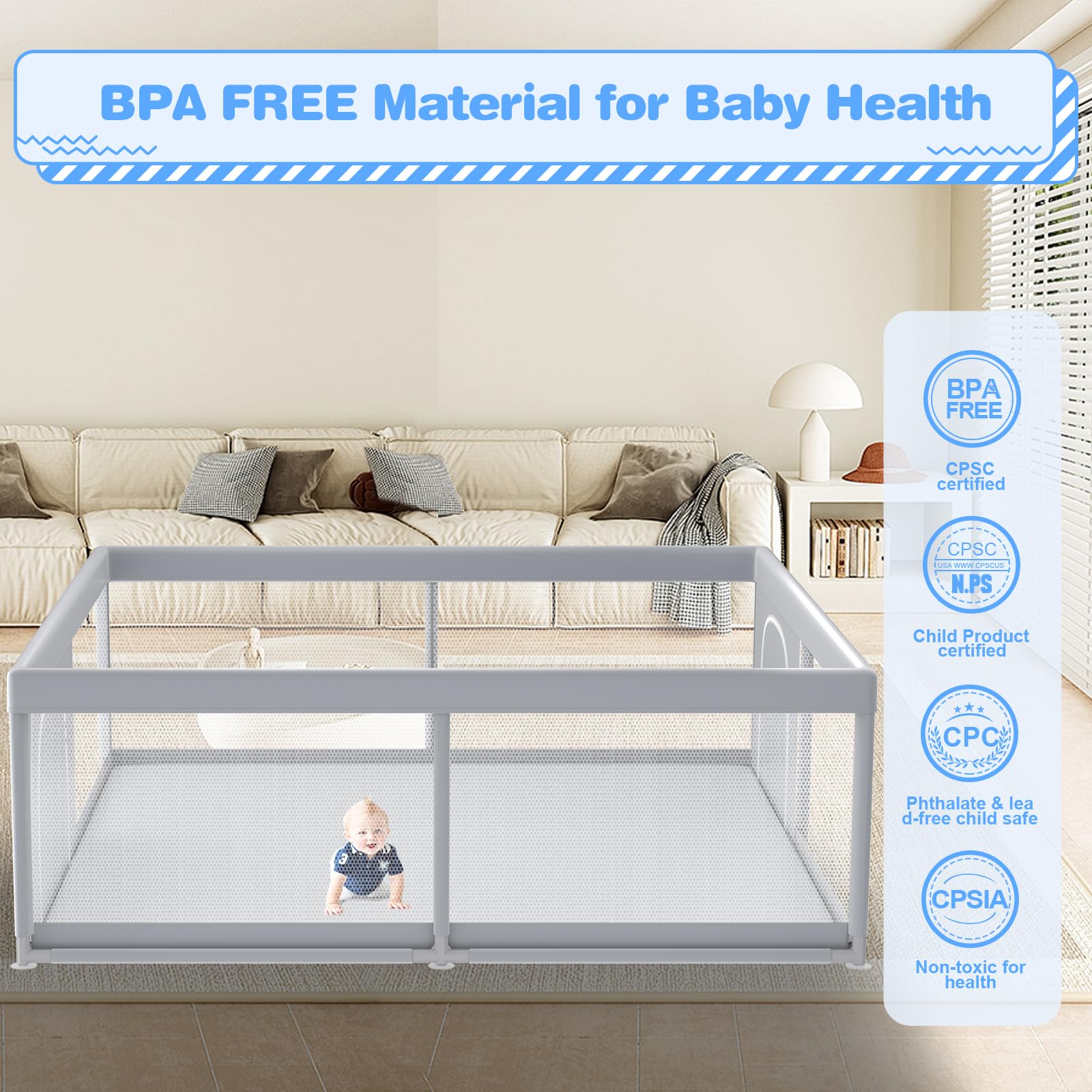 XVISHX baby playpen fabric close-up shows skin-friendly, waterproof Oxford material