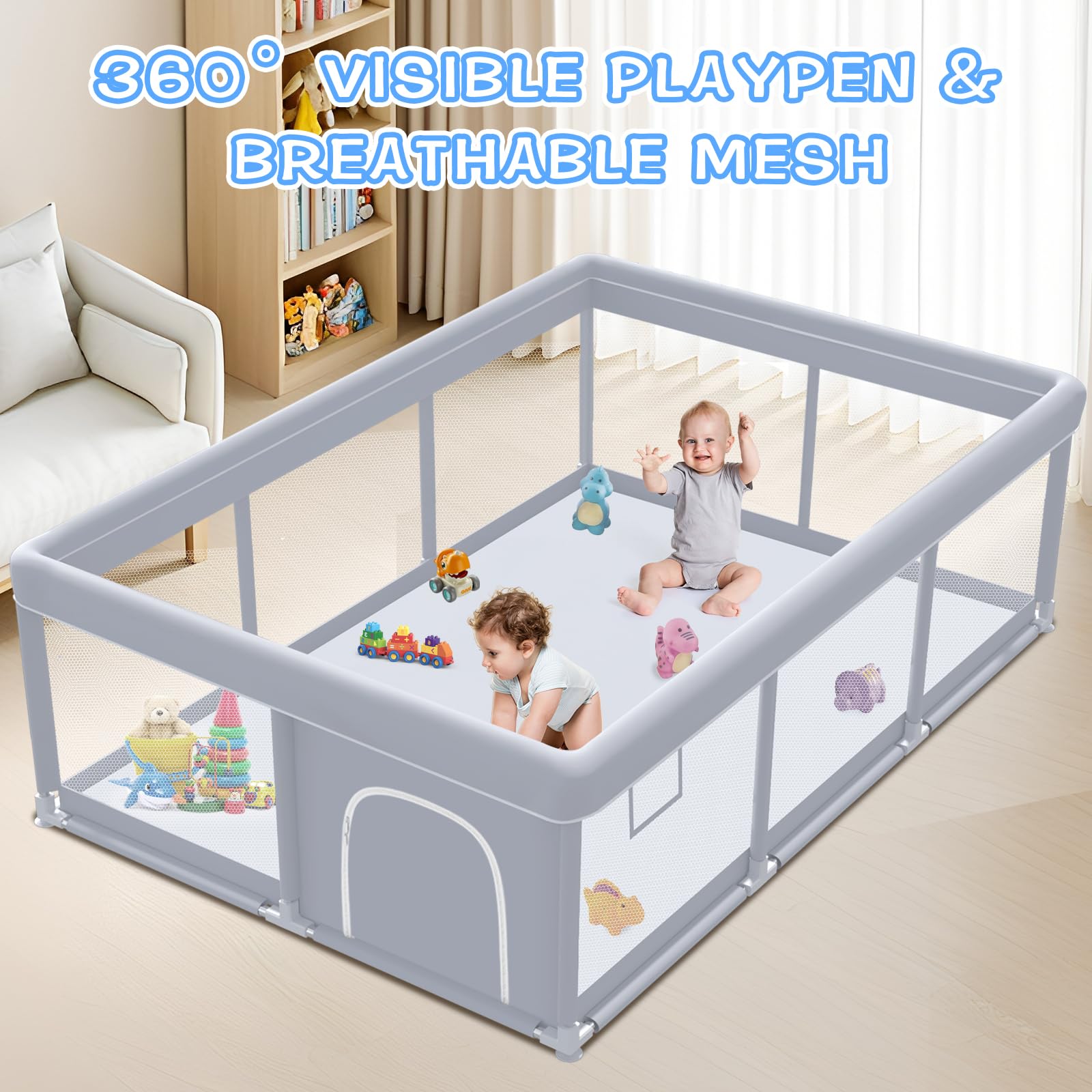 Non-slip suction cups stabilize the playpen base