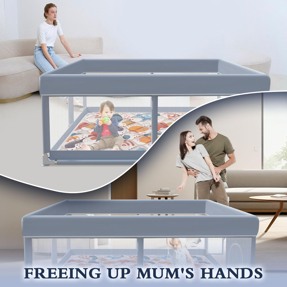 XVISHX indoor-outdoor play yard adapts to living room or patio playtime.