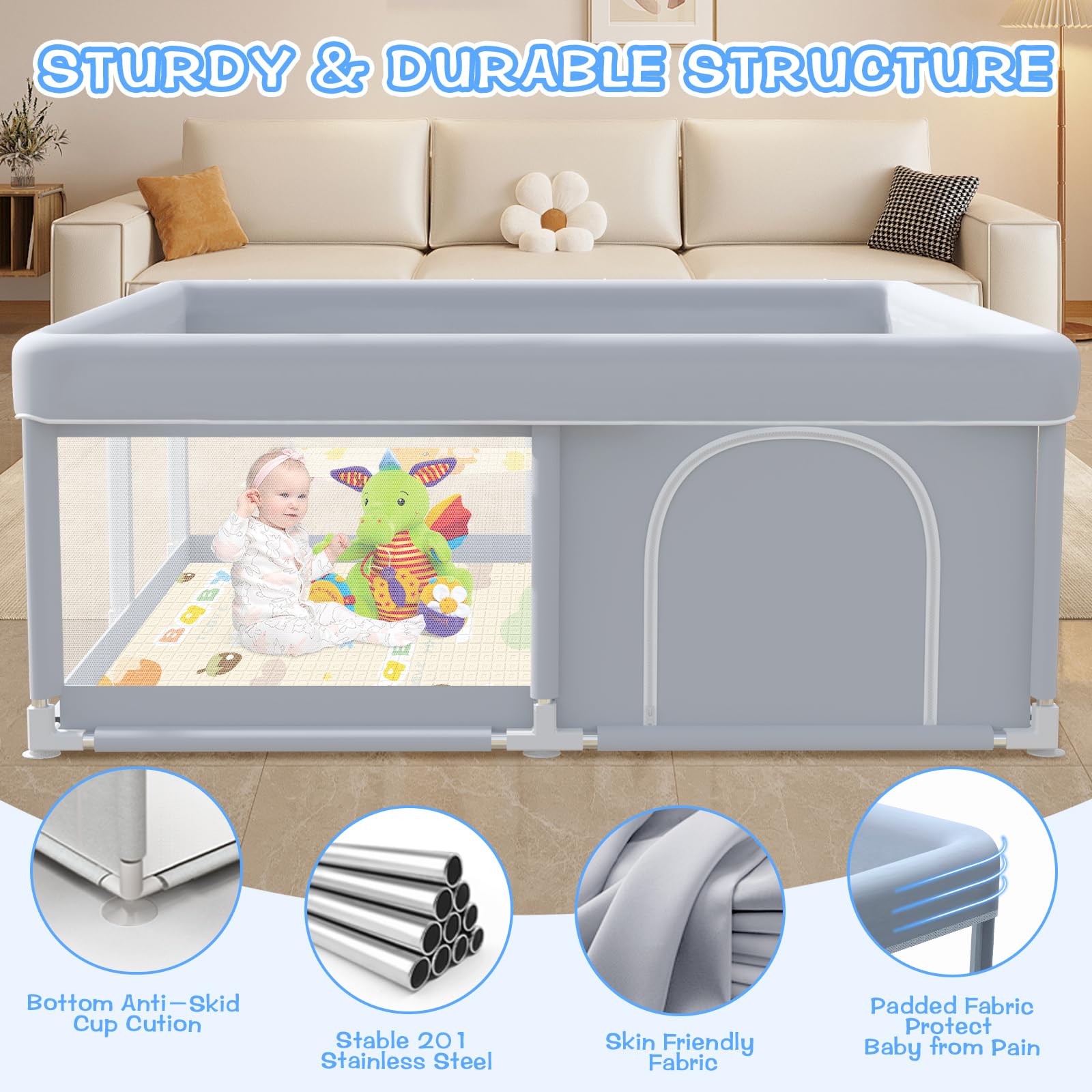 XVISHX padded mat included for cushioned crawls and tummy time.