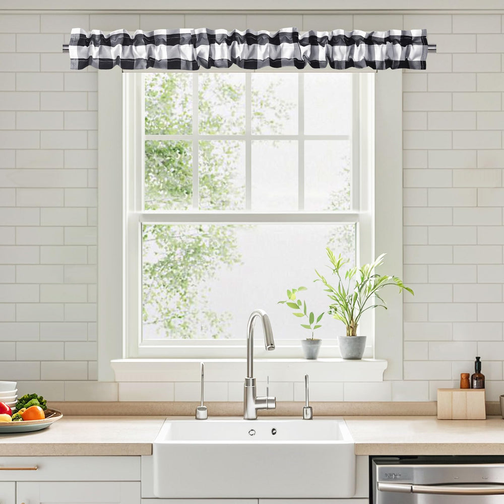 XWZO sleeve topper with checkered valance enhances kitchen window style