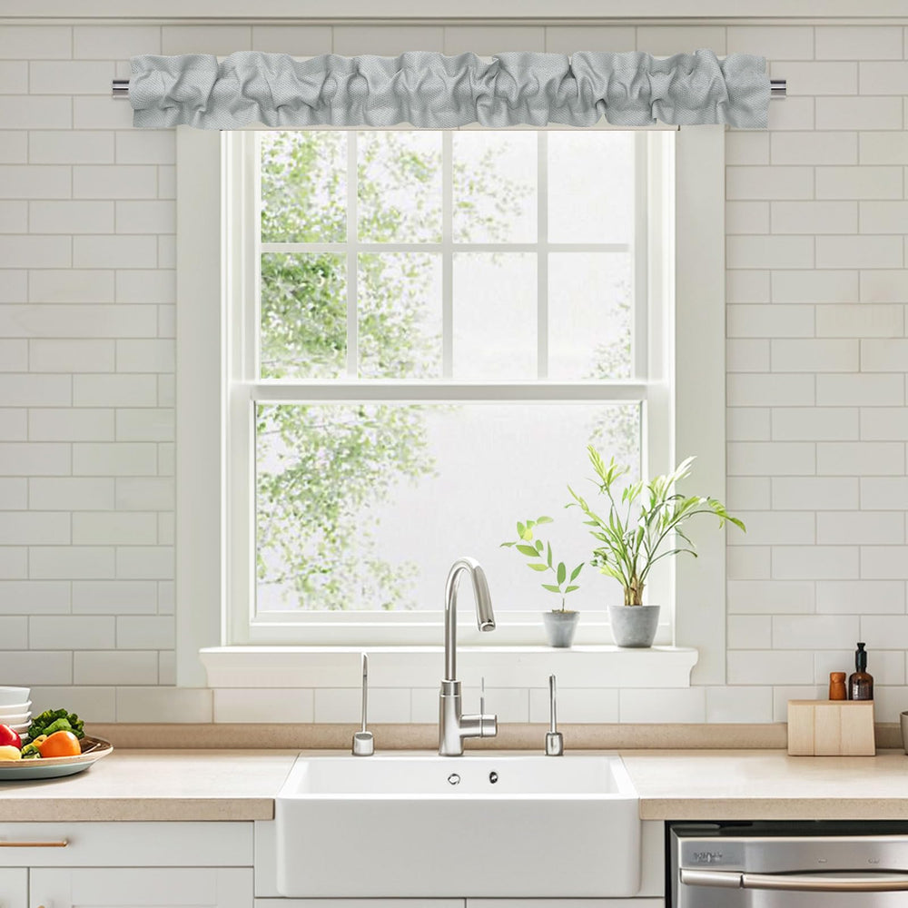 XWZO Sleeve Topper with ruffle header enhances kitchen window texture and style.