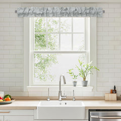 XWZO Sleeve Topper with ruffle header enhances kitchen window texture and style.