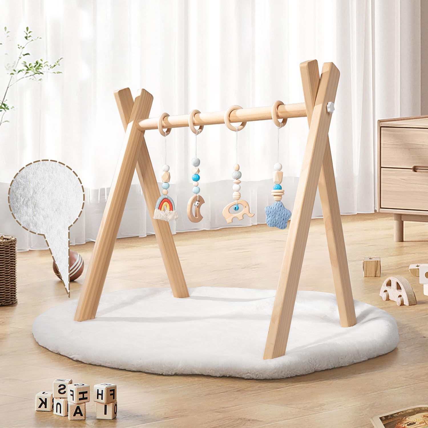 XYMERO wooden baby play gym with foldable frame for safe tummy time and easy storage