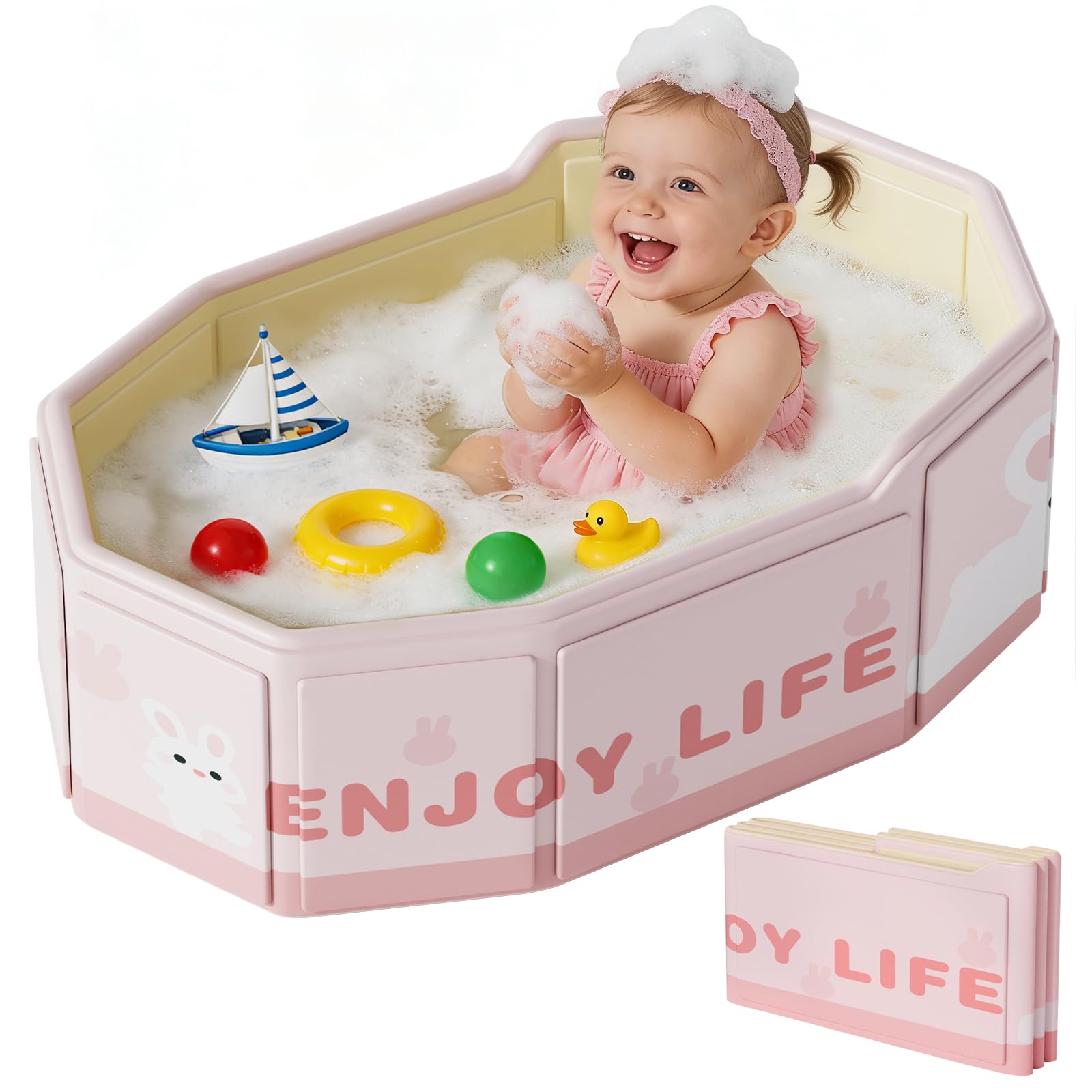 Xynzanic collapsible baby bath tub folded for compact storage and travel.