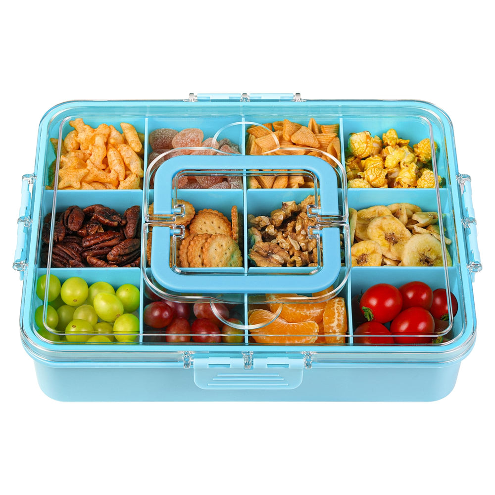 Xyptorix snack box container wide view with 12 compartments for varied snacks.