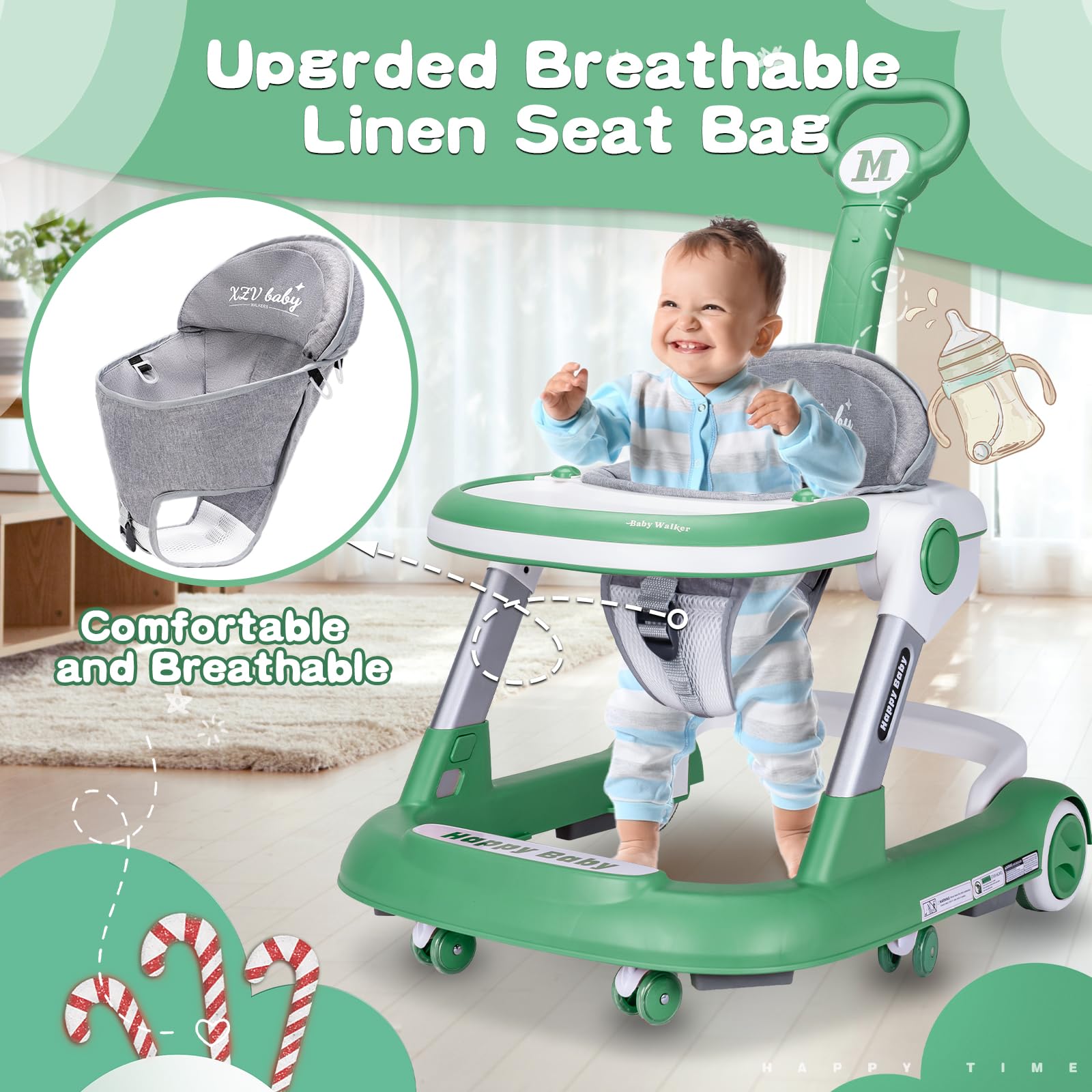 XZV push walker wheels enable smooth indoor pushing and exploration.