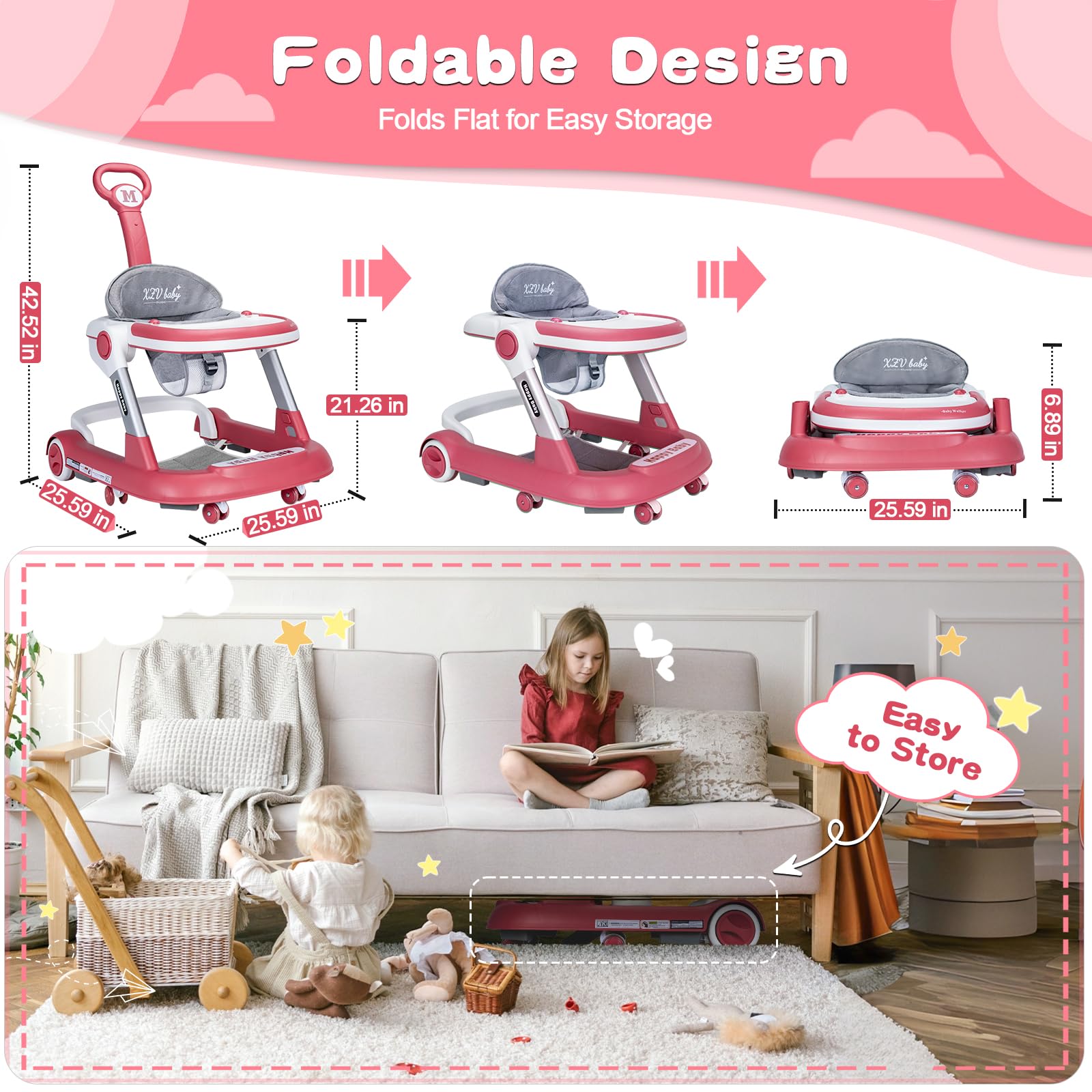 XZV Baby Walker 5-in-1 high-handle stroller promotes upright posture.
