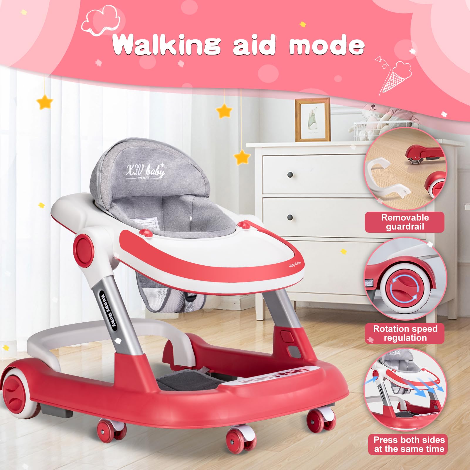 XZV Baby Walker mute-wheels provide quiet movement indoors.