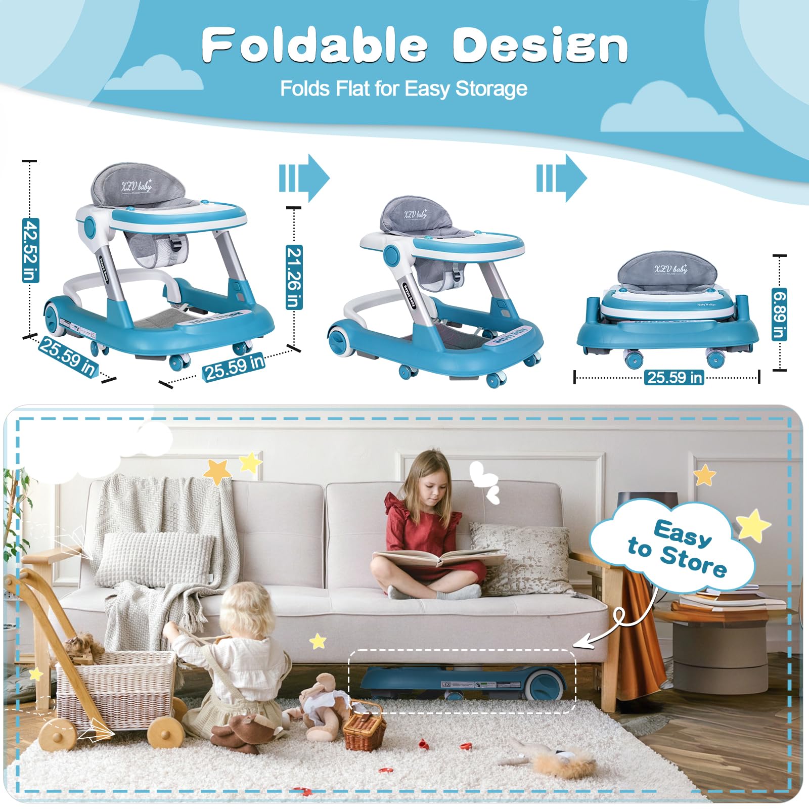 XZV walker uses eco-friendly PP plastic and reinforced aluminum frame for durability.