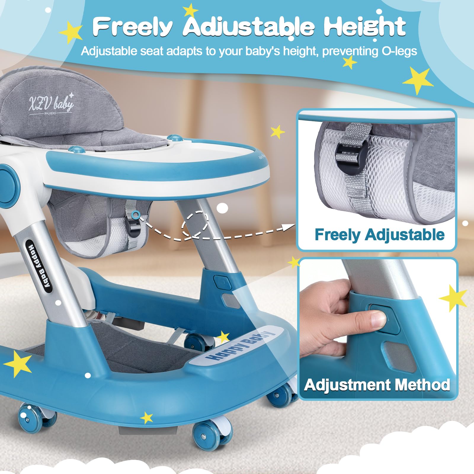 XZV anti-fall four-point base improves balance during early steps.