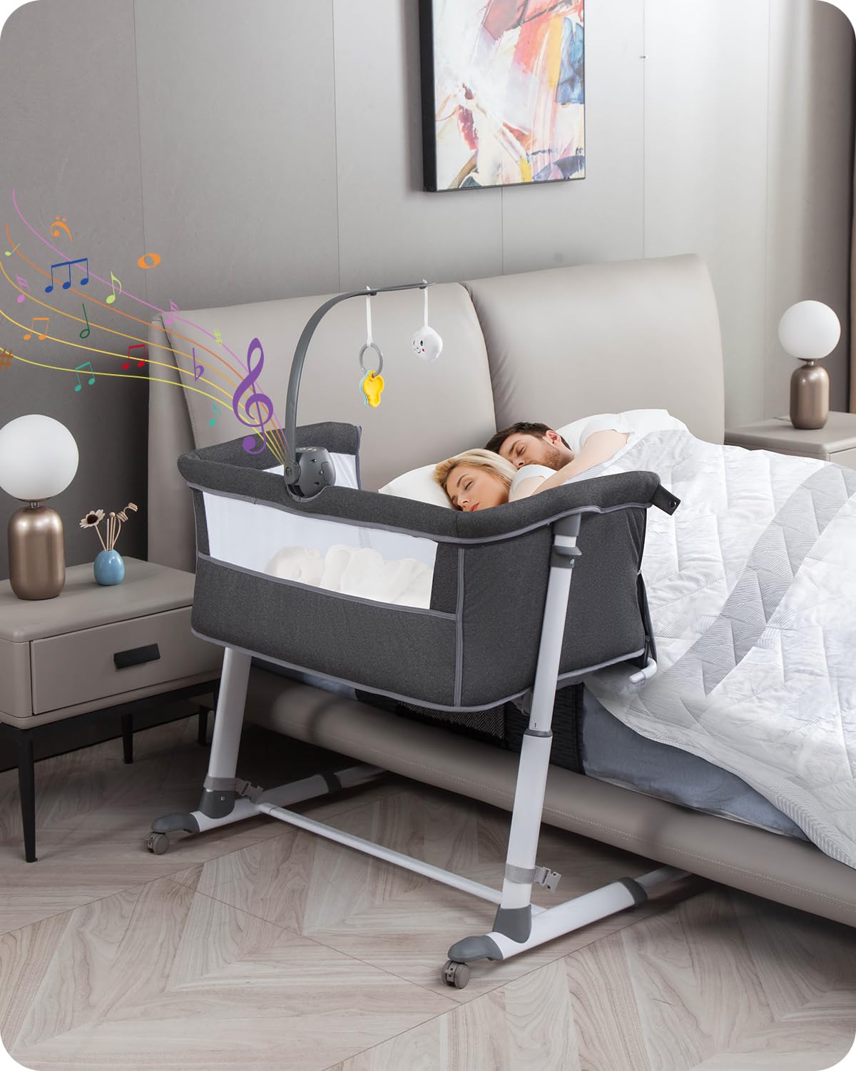 Yacul baby bassinet side view showing compact bedside design for easy sleep-time proximity