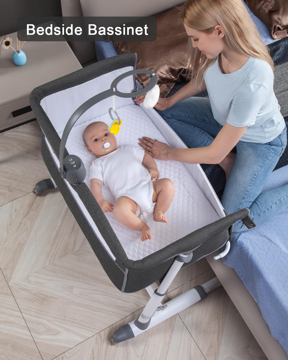 Yacul bassinet height adjustment aligns with varying bed heights