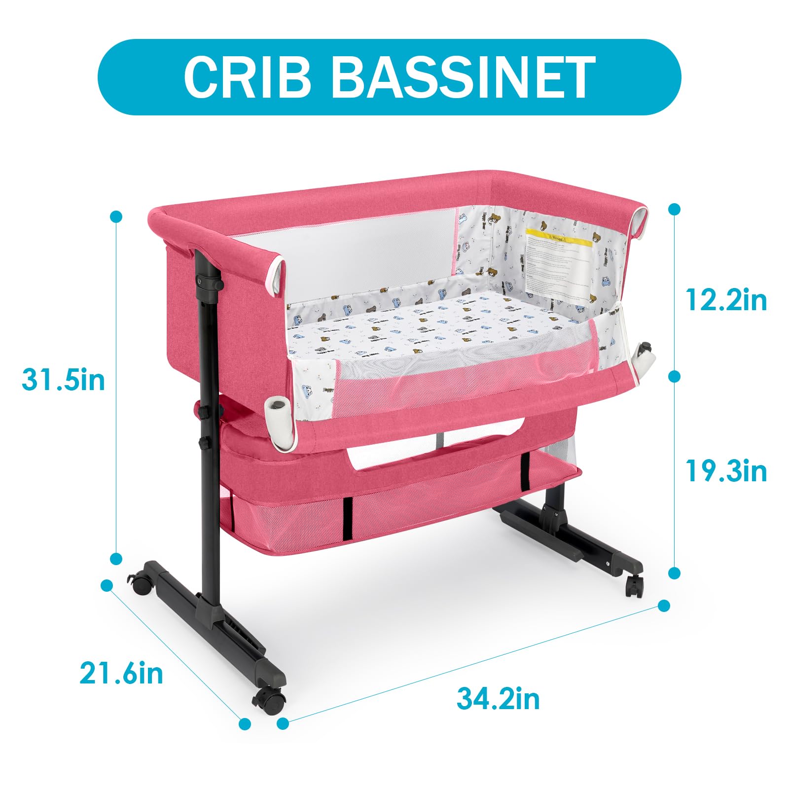 YADAQE Height-Adjustable Bassinet pink aligns with adult bed for monitoring.