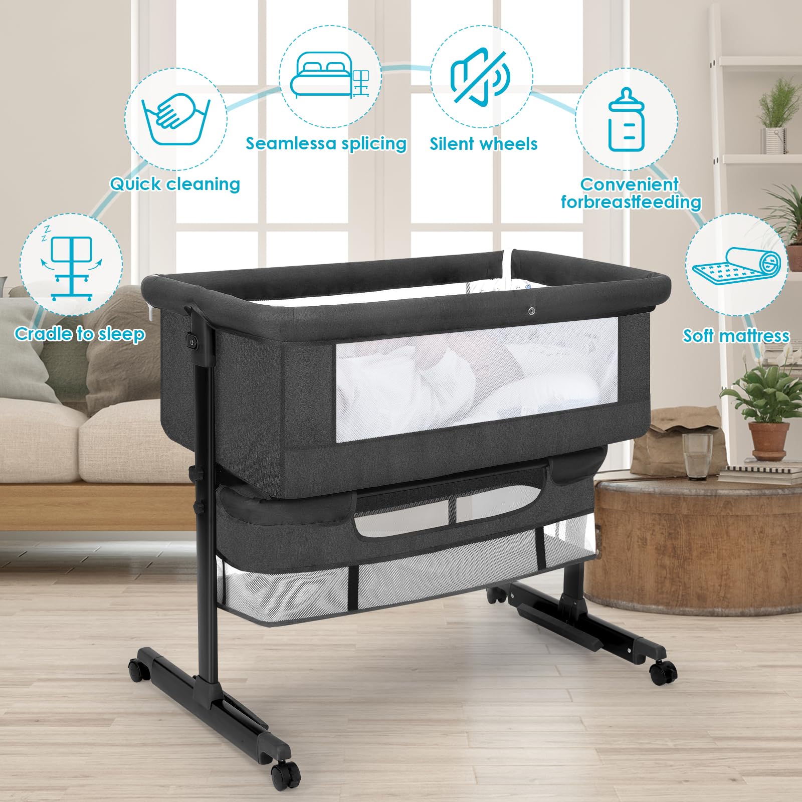 YADAQE bassinet height adjustable to align with adult bed.