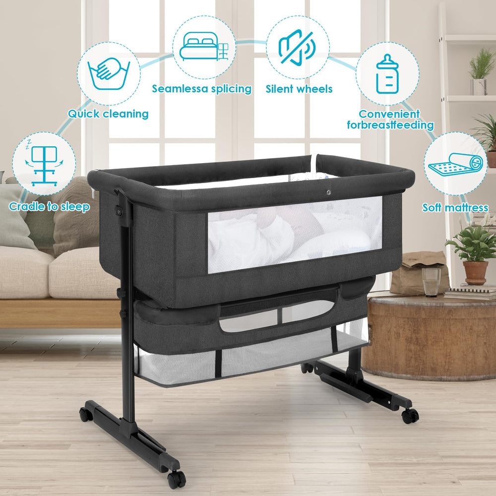 YADAQE bassinet height adjustable to align with adult bed.