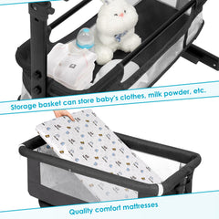 YADAQE bassinet with breathable mesh sides for visibility and air flow.