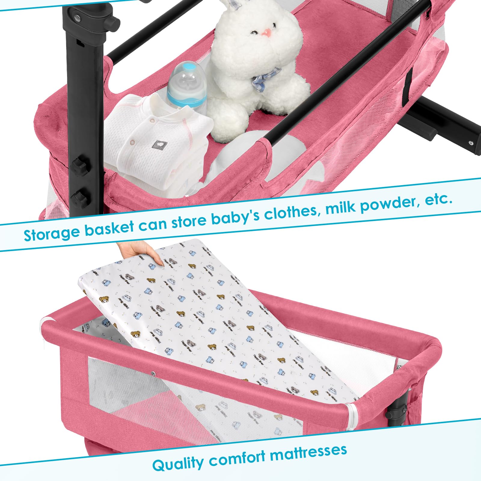YADAQE Under-Storage Bassinet pink provides easy access to essentials.
