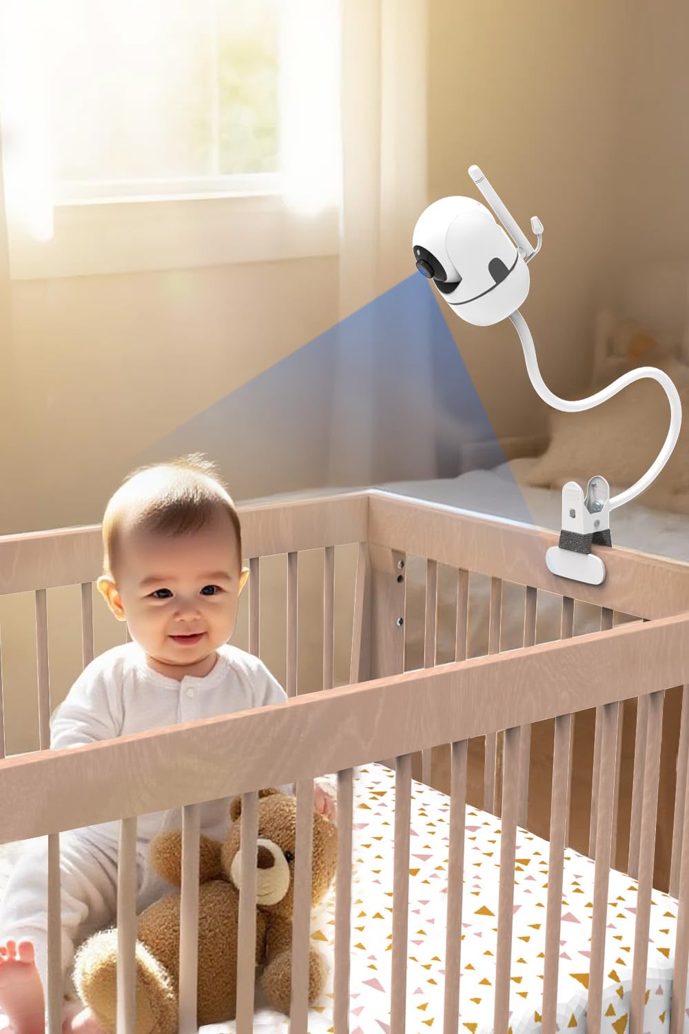 Infant Optics DXR-8 supported for stable viewing from crib to shelf.