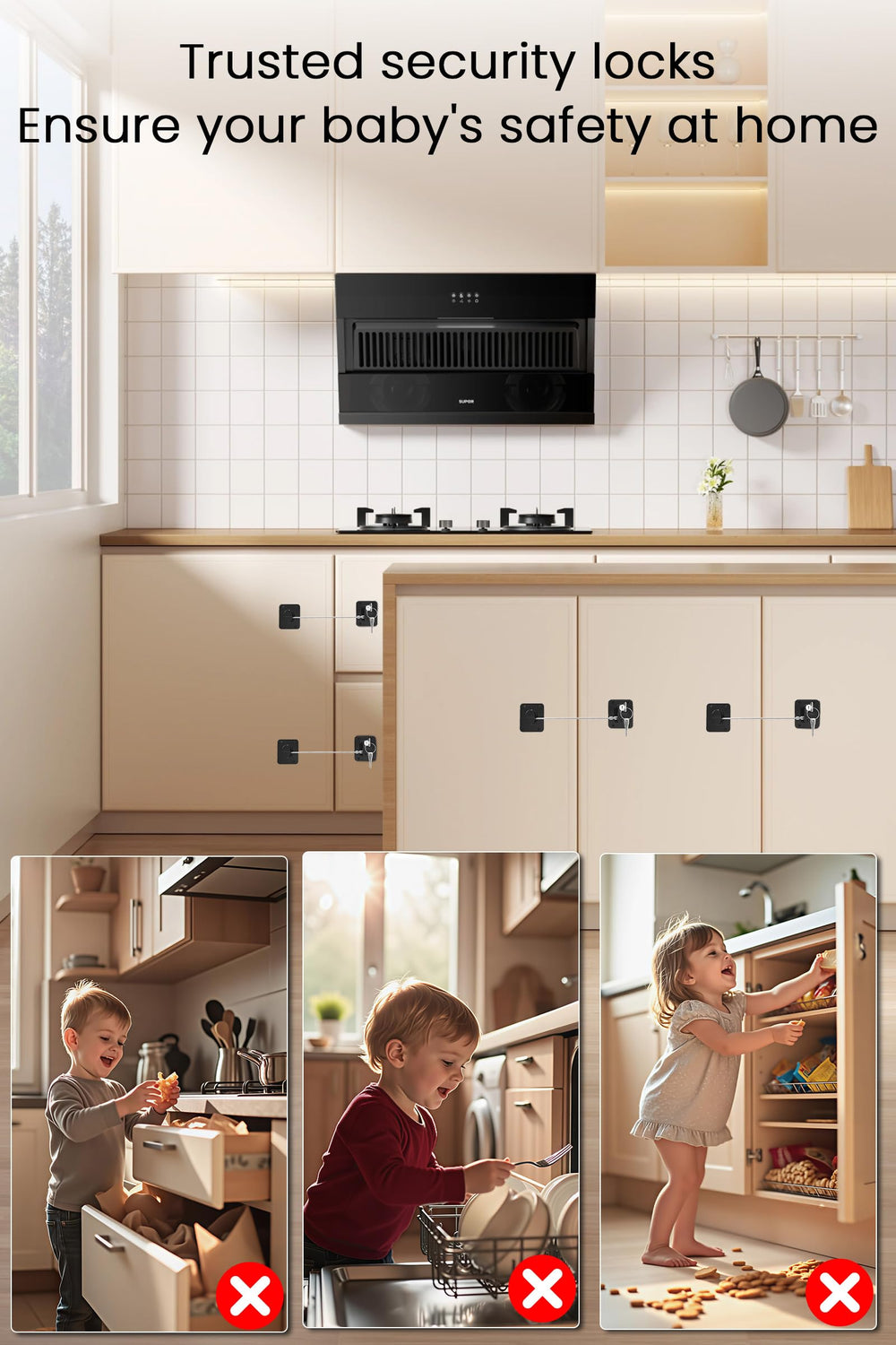 Yaekea cabinet-drawer lock installed on a smooth surface without drilling