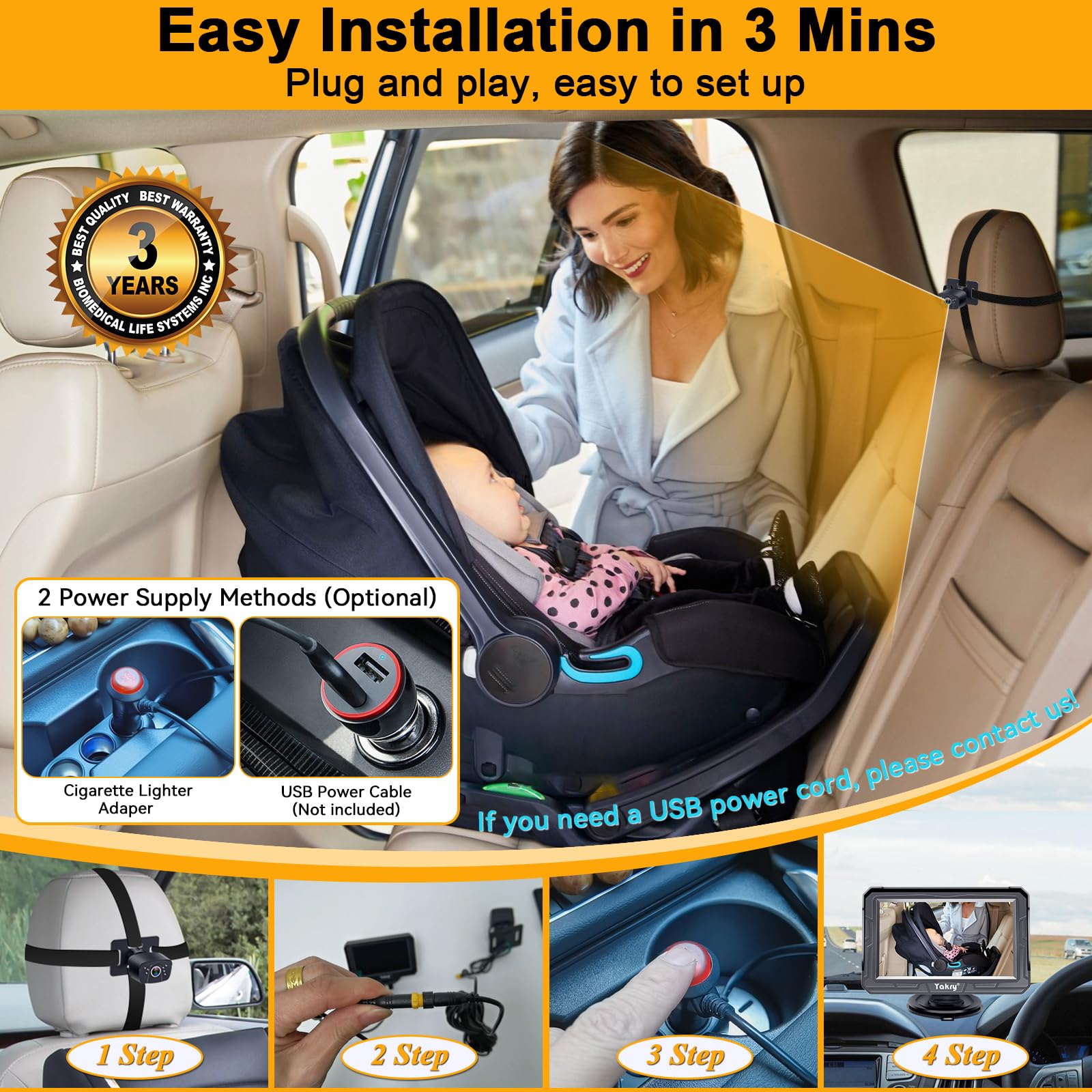 Yakry Baby Car Camera wide-angle 170° view for full backseat coverage