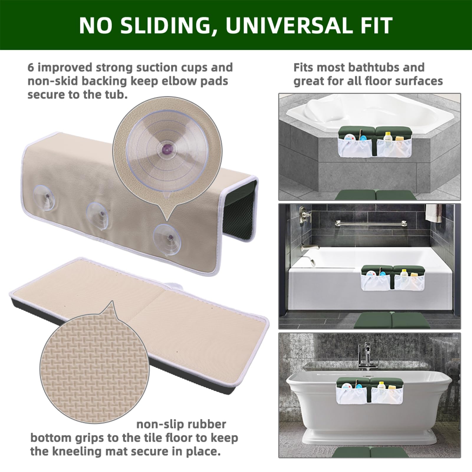 Elbow rest pockets outer-inner view demonstrates organized storage during bath sessions.